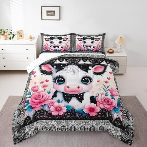 Feelyou Kids Cute Highland Cow Comforter Set Full Size Cartoon Highland Cattle Bowknot Bedding Set Boys Girls Flowers Floral Printed Quilt Set Black Lace Pattern Bed Set