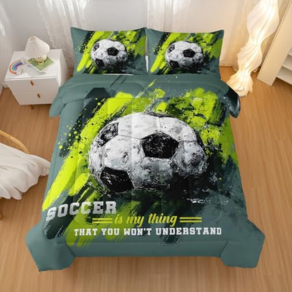 Nttopship Sports Soccer Comforter Set King Size,Green Soccer Ball Bedding Sets 3PCS for Kids Teen Adult Sports Room Decor Ultra-Soft Lightweight Microfiber 1 Comforter with 2 Pillowcases