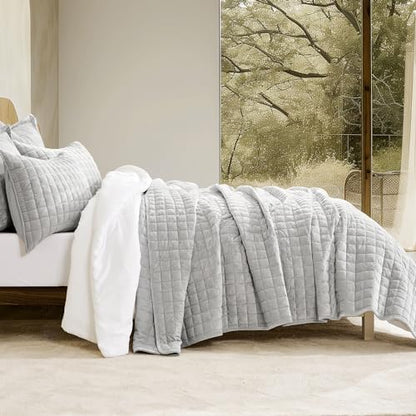 RECYCO Channel Box Stitch Velvet Quilt Set, Twin/Twin XL Size, Frost Gray