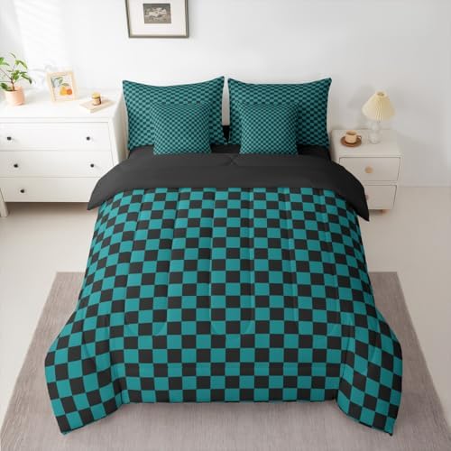 jejeloiu Teal Checkerboard Comforter Set with Sheets 7 Piece Queen Size