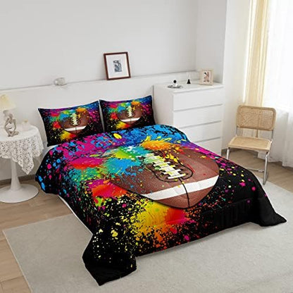 American Football Comforter Set Twin Size,Modern Game Extreme Sport Bedding Set 2pcs for Teens Boys Adults Room,Watercolor Graffiti Duvet Insert Tie Dye Quilted Duvet Set with 1 Pillowcase,Black