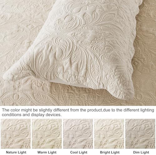 HoneiLife Quilt Set Queen Size - 3 Piece Embroidered Microfiber Bedspread Reversible Coverlet Lightweight Bedcover Paisley Pattern Bedding Set All Season Quilts-Khaki