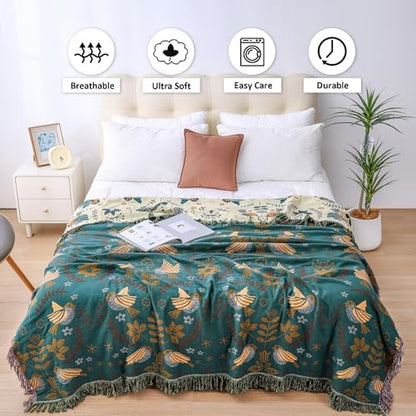 VANJOROY Boho Throw Blanket, 100% Organic Cotton Breathable Ultra Soft 50" x 60" Bed Quilt Throw - Floral Rustic Bird Farmhouse Decor Luxury Reversible Blanket for Sofa Couch Chair and Gift,Teal/Beige