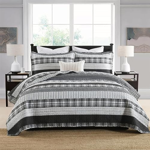 Homzard Quilts Queen Size - Black and White Queen Comforter Set, 100% Cotton Black Grey Striped Bedding Set, Lightweight Reversible Bedspread Set, 3 Piece All Season