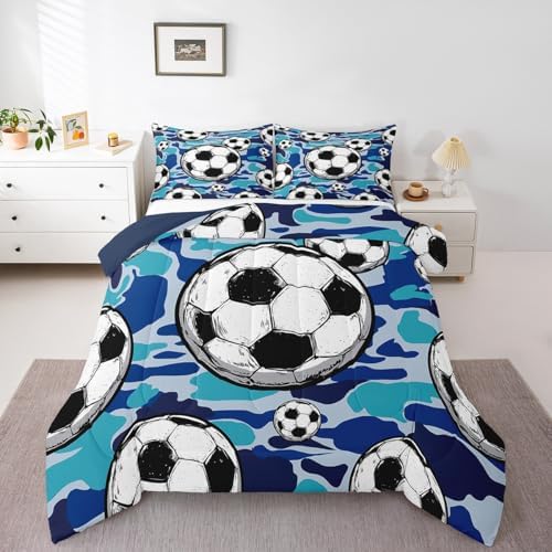 Football Sports Bedding Set Queen Size Soccer American Ball Games Comforter Set for Kids Teens Boys Room Decor Blue Camouflage Down Comforter Hexagon Geometric Quilt Set with 2 Pillowcases