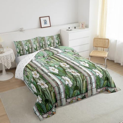 jejeloiu Stained Glass Comforter Set Twin Size Kids Meadow Floral Flower Bedding Set for Boys Girls Teens Spring Theme Duvet Breathable Butterfly Quilt Bedroom Decor,1 Comforter with 1 Pillowcase
