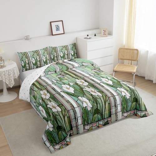 jejeloiu Stained Glass Comforter Set Full Size Kids Meadow Floral Flower Bedding Set for Boys Girls Teens Spring Theme Duvet Breathable Butterfly Quilt Bedroom Decor,1 Comforter with 2 Pillowcase