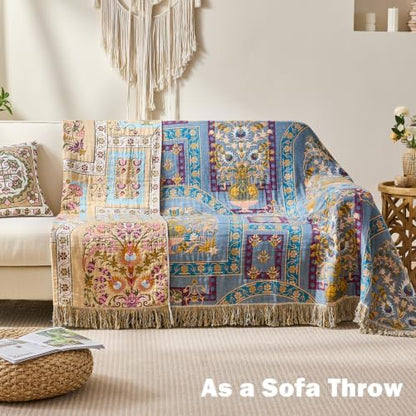 VANJOROY Boho Throw Blanket, 100% Organic Cotton Breathable Skin-Friendly Ultra Soft 60" x 80" Bed Quilt Throw - Floral Rustic Luxury Reversible Blanket for Sofa Couch Chair and Gift,