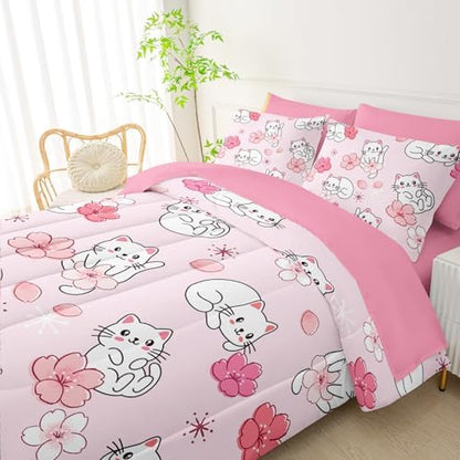 QOOMO Pink Cat 7 Pieces Comforter Set Queen,Sakura Cat Bedding Set for Kids