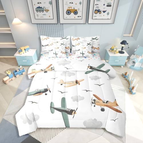 Erosebridal Cartoon Aircraft Comforter Set with Sheets Queen, Airplane Propeller Plane 7 Pcs Bedding Set for Boys Kids Child Adults Teens Bedroom, Flying Birds Animals Bed in A Bag, Cloud Bed Sets