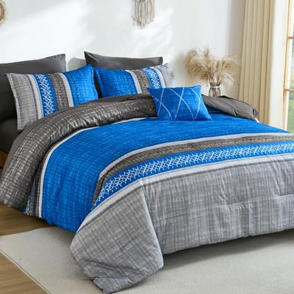 Dintszyayue Blue Queen Comforter Size Set, 8 Pieces Boho Striped Texture Bed in a Bag Sets, Lightweight Soft Bohemian Comforter and Sheet Set, All Season Microfiber Bedding Sets for Men Women
