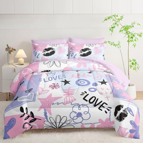 7Pcs Comforter Set Pink Purple Graffiti Stars Hearts Printed Bedding Set with 1 Comforter,1 Flat Sheet,1 Fitted Sheet and 4 Pillowcases Bedroom All Season(Twin)