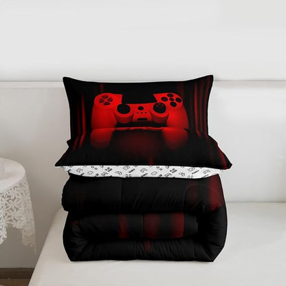 Feelyou Boys Gamer Comforter Set King Size Gaming Bedding Set Kids Video Games Comforter for Teen Child Gamer Room Decor Super Soft Red Black Bed Set Microfiber Game Geometric Duvet Quilted Gamer Gift