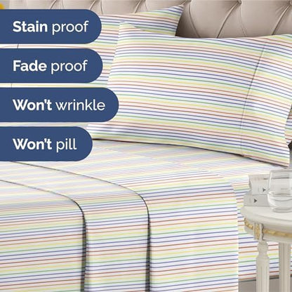 Queen 4 Piece Striped Sheet Set - Breathable & Cooling - Rainbow Stripe
