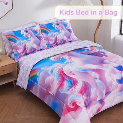 Viviland Kids Bedding Set Twin Size Comforter Sets, Bed in Rainbow Unicorn Cover Set for Children