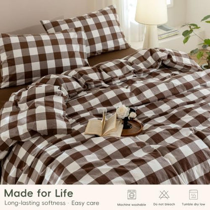 JIYUAN King Washed Cotton Duvet Cover Set, 3-Piece, Buffalo Check