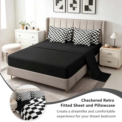 Feelyou Checkered Retro 7 Piece Bedding Set Teen Women Men Black White Plaid Comforter Set with Sheets Full Size Kids Boys Geometric Vintage Bed in a Bag Modern Simple Groovy Aesthetic Room Decor