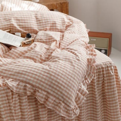 mixinni Vintage Pink Gingham Ruffle Comforter Set 3-Piece Washed Cotton Full Size Grid Bedding Set with Geometric Checkered Pattern, Farmhouse Chic Soft Fluffy Comforter for All-Season