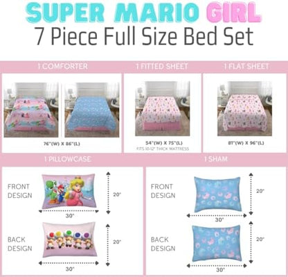 Super Mario Girl Princess Peach Girl Gamer Kids Bedding Super Soft & Cozy Reversible Microfiber Comforter and Sheet Set with Sham, 7 Piece Full Size, (Officially Licensed Product) By Franco