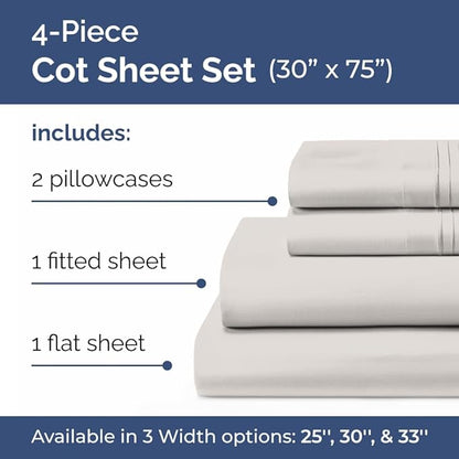 Cot Sheet Set 30” x 75” – 4 Piece Cot Size Narrow Twin Mattress Sheets – Ideal for Camper Bunk, RVs, Bunks, Day Care & Camping - Fits 6” to 10” Mattress, Ultra-Soft, Breathable & Cooling - Light Grey