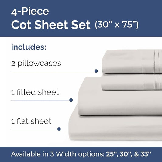 Cot Sheet Set 30” x 75” – 4 Piece Cot Size Narrow Twin Mattress Sheets – Ideal for Camper Bunk, RVs, Bunks, Day Care & Camping - Fits 6” to 10” Mattress, Ultra-Soft, Breathable & Cooling - Light Grey