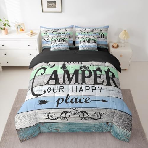 Erosebridal Kids Camping 7 Piece Bedding Sets Twin,Rustic Farmhouse Old Barn Door Comforter Set Bed in a Bag,Woodland Camper Car Bed Sheets,Cartoon Camper Duvet Set,Vintage Style Camping Theme Quilt