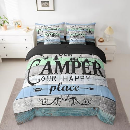Erosebridal Kids Camping 7 Piece Bedding Sets Twin,Rustic Farmhouse Old Barn Door Comforter Set Bed in a Bag,Woodland Camper Car Bed Sheets,Cartoon Camper Duvet Set,Vintage Style Camping Theme Quilt