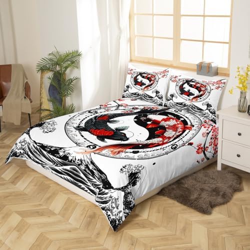 Feelyou Koi Fish Duvet Cover Full Size Kids Cherry Blossoms Bedding Set Japanese Ukiyoe Theme Comforter Cover for Boys Girls Teens(No Comforter)