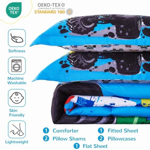 Viviland Monster Off - Road Truck 7 PCS Kids Bedding Set Full Size Comforter Sets, Bed in a Bag Cool Off - Road Adventure Theme Cover Set for Children