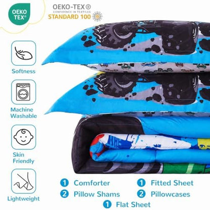 Viviland Monster Off - Road Truck 7 PCS Kids Bedding Set Full Size Comforter Sets, Bed in a Bag Cool Off - Road Adventure Theme Cover Set for Children