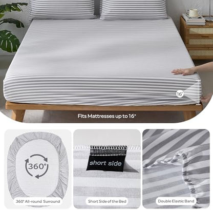 JELLYMONI 100% Cotton Sheet Set, Gray Striped, Twin