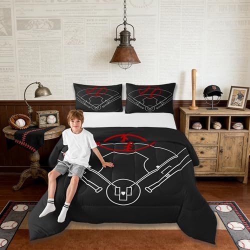 Baseball Field Print Comforter Set Full Size,Boys Ball Sports Games Themed Bedding Comforters Bedroom Decor,Red Baseball Bat Sporting Equipment Duvet Set with 2 Pillowcases,for Girls Teens