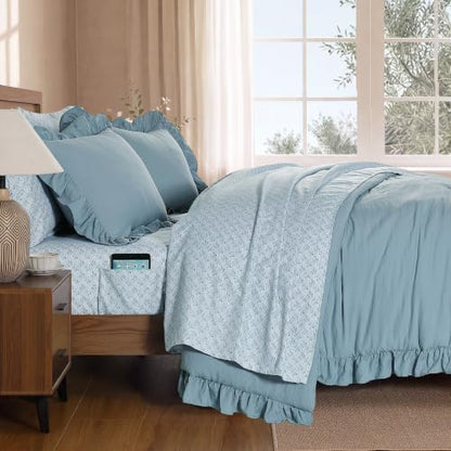 BLOOMHAVEN Full Size Comforter Sets-7 Pieces Ruffle Bedding Floral Sheet