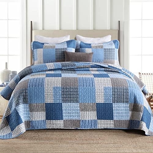 Y-PLWOMEN 100% Cotton King Size Quilt Farmhouse Plaid 3-Pieces Bedding