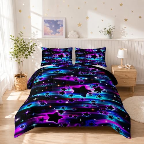 Nttopship Colorful Sky Meteor Stars Comforter Set Queen Size,Beautiful Galaxy Bedding Sets 3-Pieces for Boys Girls Teen Room Decorat, Soft Lightweight Bed Set with Comforter 2 Pillowcases