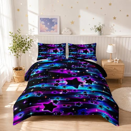 Nttopship Colorful Sky Meteor Stars Comforter Set Queen Size,Beautiful Galaxy Bedding Sets 3-Pieces for Boys Girls Teen Room Decorat, Soft Lightweight Bed Set with Comforter 2 Pillowcases