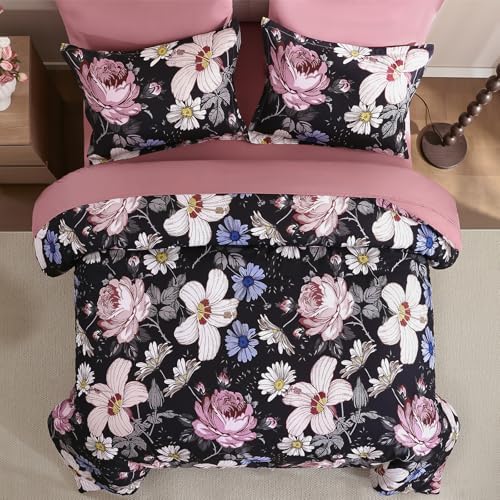 Luxudecor Queen Comforter Set 7 Pieces Bedding Sets,Black Pink Floral Comforter and Sheet Set,Soft Microfiber Bed in a Bag for All Seasons (Black Pink,90"x90")