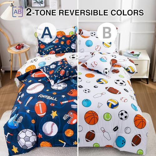 A Nice Night 6Pc Full Basketball Comforter Bedding Set for Kids Teen,Navy