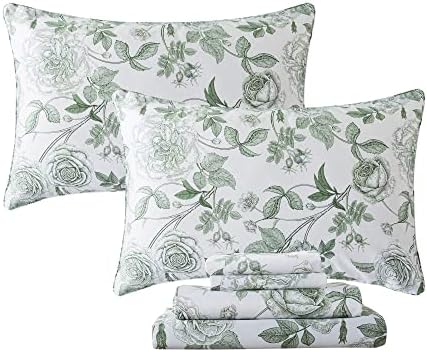 FADFAY Sheets Set Vintage White and Green Floral Bedding Elegant Peony Sheets Shabby Rose Farmhouse Bedding 100% Egyptian Cotton 800 Thread Count Deep Pocket Fitted Sheet 4Pcs, California King Size