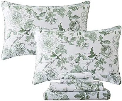 FADFAY Sheets Set Queen Vintage White and Green Floral Bedding Elegant Peony Sheets Set Shabby Rose Farmhouse Bedding 100% Egyptian Cotton 800 Thread Count Deep Pocket Fitted Sheet 4Pcs, Queen Size