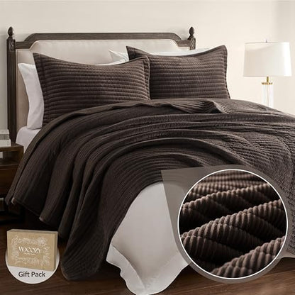 WDCOZY Velvet King Size Quilt Set - Chocolate Striped Soft Lightweight Bedspread, Dark Brown Neutral Ribbed Farmhouse Country Rustic Coverlet, Coffee Modern Bedding Warm Thin Comforter, 3 Pieces