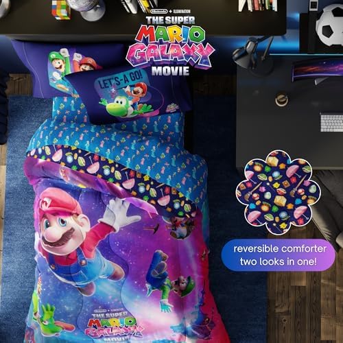 The Super Mario Galaxy Movie Bedding Set, Full Size 5 Piece Kids Super Soft Cozy Reversible Comforter and Sheet Set, (Officially Licensed Product) By Franco