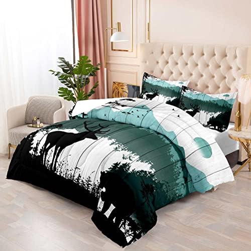 LUVIVIHOME 3PCS Black Bear Deer Comforter Set Full Size, Rustic Cabin Bedding, Teal Mountain Pine Tree Forest Animals Wildlife Hunting Lodge Quilt, Country Farmhouse Bedroom Decor, 2 Pillow Shams