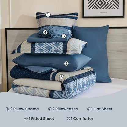Cottolester King Comforter Set 7 Pieces Blue Boho Striped Bed in a Bag