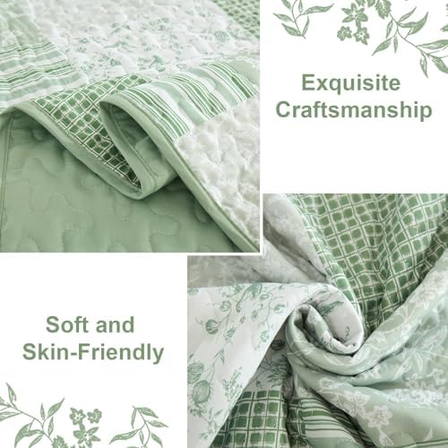 Mybedsoul Light Green Boho Quilt Set Full Size, Patchwork Quilt Bedding Set
