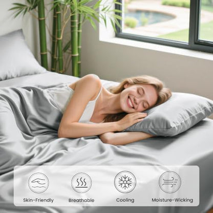 Love's cabin 4 Piece Queen Sheet Set, 100% Rayon Derived from Bamboo, Cooling & Breathable, Soft Silky Deep Pocket up to 16", Hotel Luxury Bedding for Hot Sleepers, Light Grey