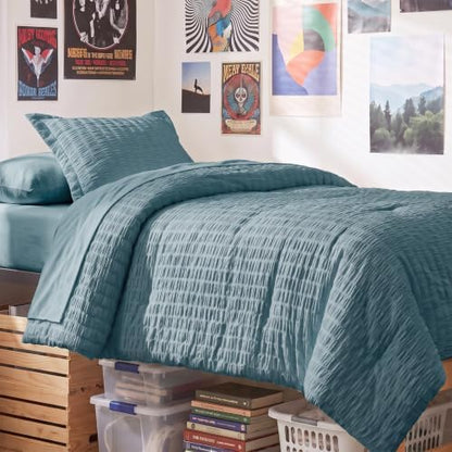 CozyLux Twin XL Comforter Set 5 Pieces Mineral Blue Seersucker Bed in a Bag