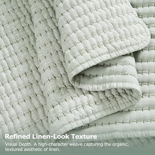 WDCOZY Sage Green Queen Size Pick Stitch Quilt Set, 3 Pieces 90x90 inches