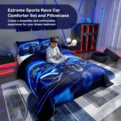 Feelyou Kids Boys Sports Comforter Set King Size Blue Race Car Comforter for Kids Teens Room Decor Extreme Sports Theme Bedding Set Cool Speed Luxury Car Decor Quilt Set Soft for All Season