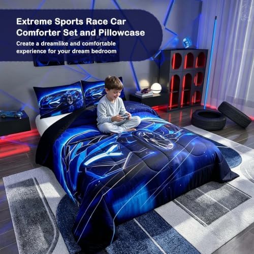 Feelyou Kids Toddler Size Blue Sports Car Comforter Set Car Race Comforter Extreme Sports Theme Quilt Set Luxury Decor Cool Speed Quilt Soft for All Seasons